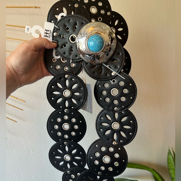 Haute Hippie Accessories - Haute Hippie Black Faux Leather Disc Belt Silver Accents Western Bohemian NWT